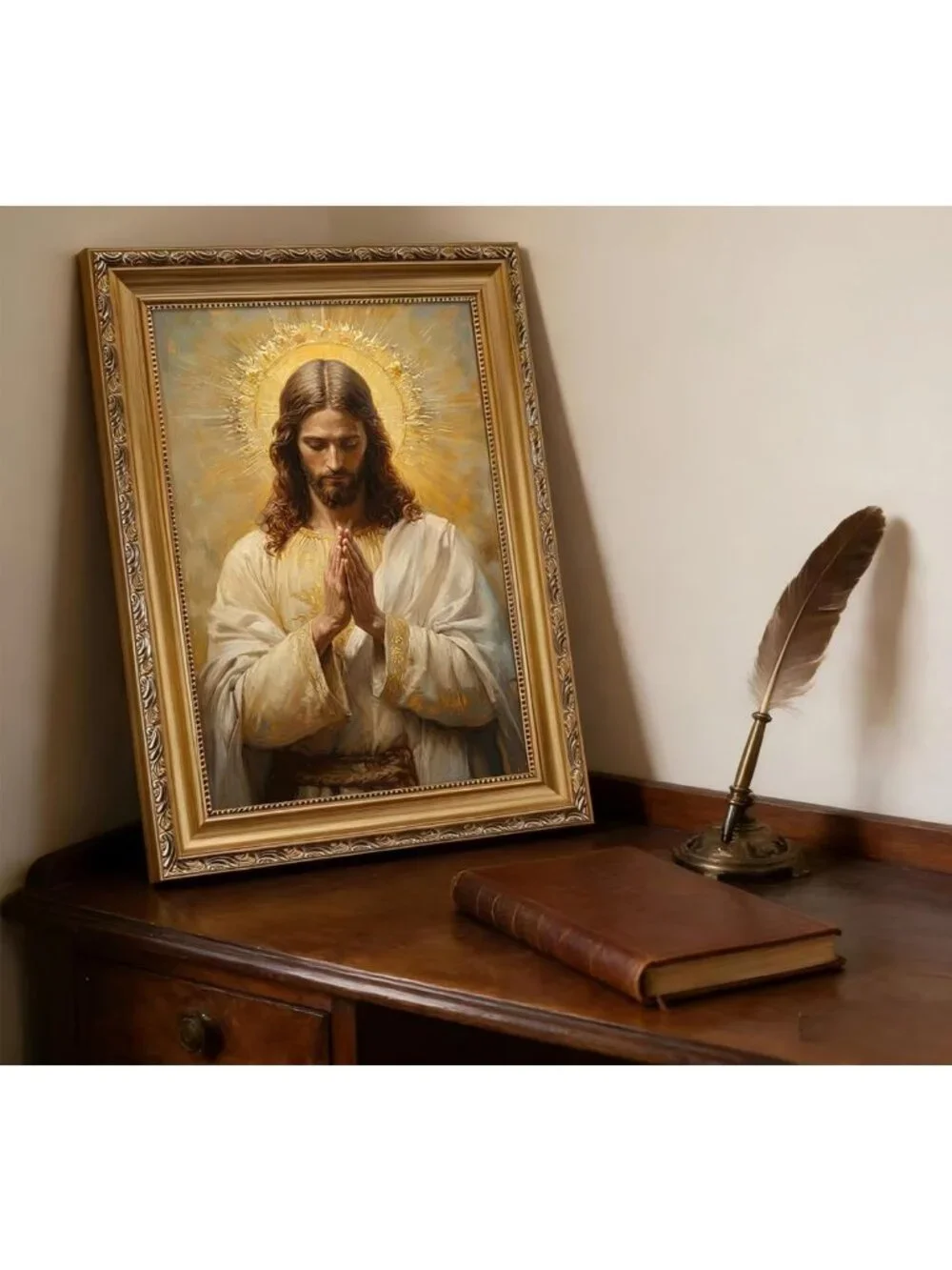 Vintage Jesus Christ Praying Wall Art - Gold Framed Christian Oil Print, 9x11